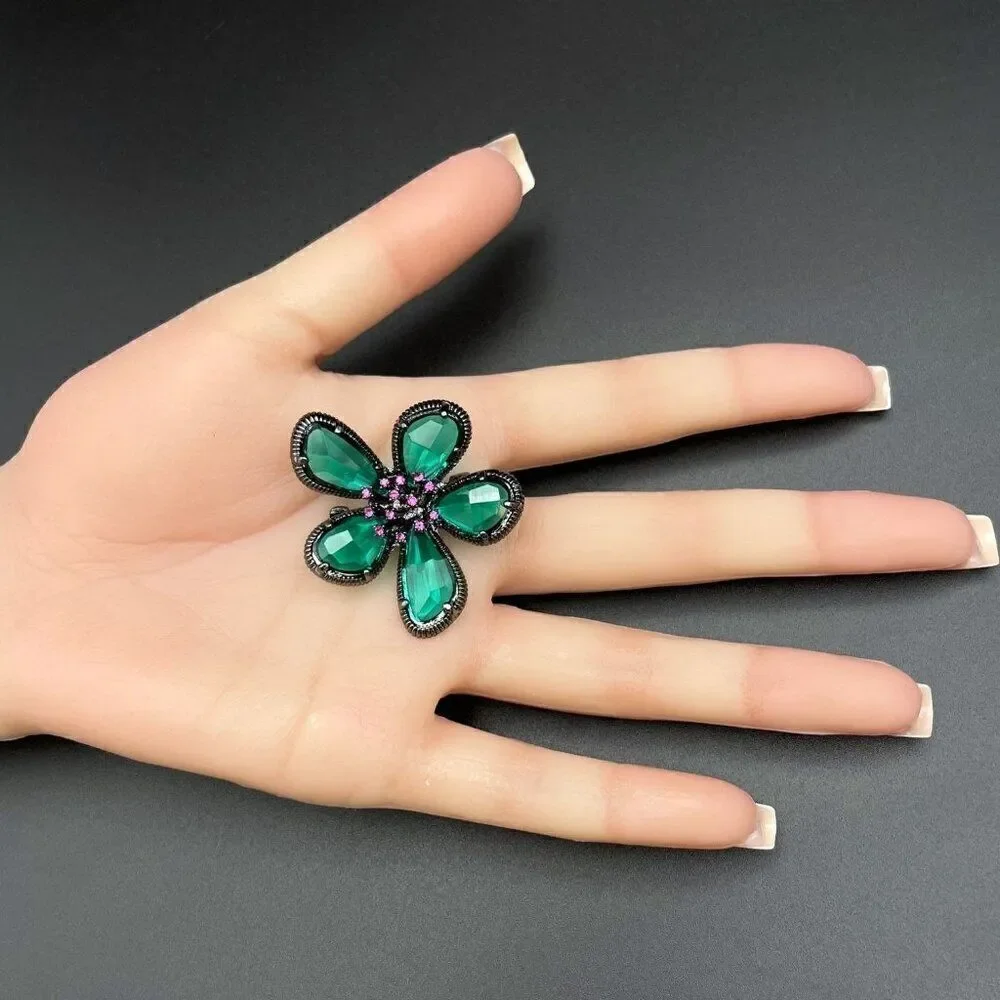 Gun Metal Gray Black with Emerald and Amethyst Crystal Flower Pin Back Brooch